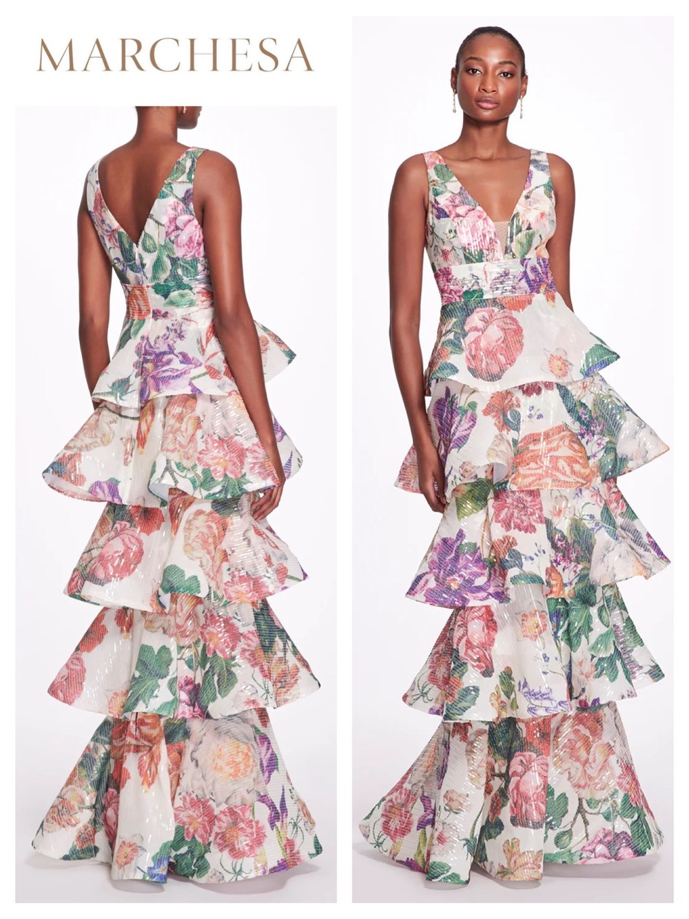 MARCHESA NOTTE Plunging V-Neck Floral Printed Gown